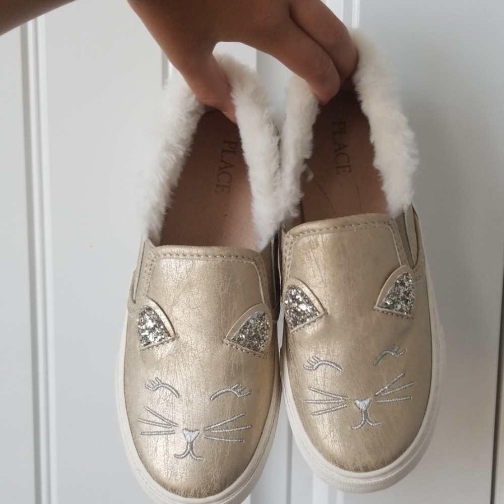 USED Children's Place Gold and White Cat Slip-ons